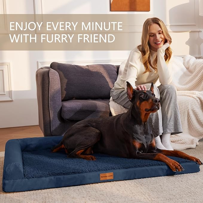 Patas Lague Orthopedic XL Dog Bed Large Sized Dog 42''X28'', Waterproof L Bolster Big Large Pet Sofa Beds with Removable Washable Cover, Soft Pet Couch Crate Mat with Nonskid Bottom, Navy Blue