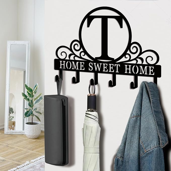 Metal Letter T Key Holder for Wall, Monogram Coat Rack Wall Mount, Key Hooks Perfect for Bathroom, Living Room, Kitchen, Office Ideal Wedding, Anniversary, Housewarming Gift (T)