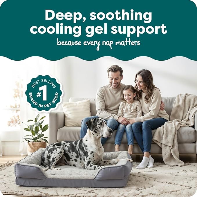 Furhaven Cooling Gel Dog Bed for Large Dogs w/ Removable Bolsters & Washable Cover, For Dogs Up to 125 lbs - Plush & Velvet Waves Perfect Comfort Sofa - Granite Gray, Jumbo Plus/XXL