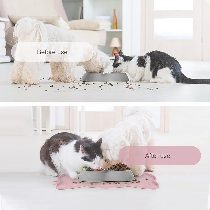 Coomazy Cat Food & Water Mat, Thicker Non-Slip Silicone Mat with Raised Edge (Pink, Medium)