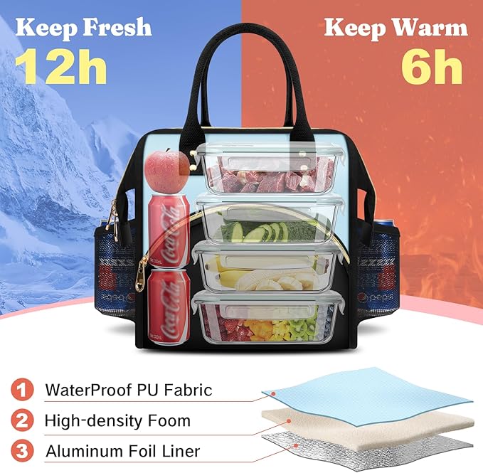 Lunch Bag Women Insulated Lunch Box Wide-Open Lunch Tote Bag Large Drinks Holder Durable Nylon Thermal Snacks Organizer for Men Adults Work Picnic Hiking Beach Fishing, Light Khaki+Black