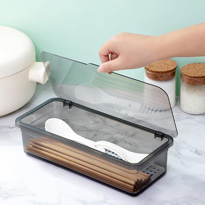 Silverware Organizer with Lid Transparent Flatware Tray Cutlery Drawer Organizer Flatware Storage Box Kitchen Utensil Container