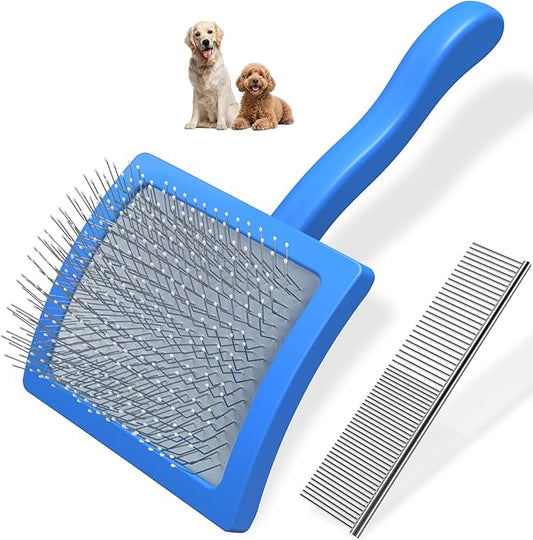 2PCS Slicker Brush for Dogs & Pet Comb,Professional Dog Grooming Brush (Goldendoodles,Poodles,Labradoodles) with Extra Long Pins to Effectively Remove Tangles, Knots and Mats (Blue, Gentle Large)