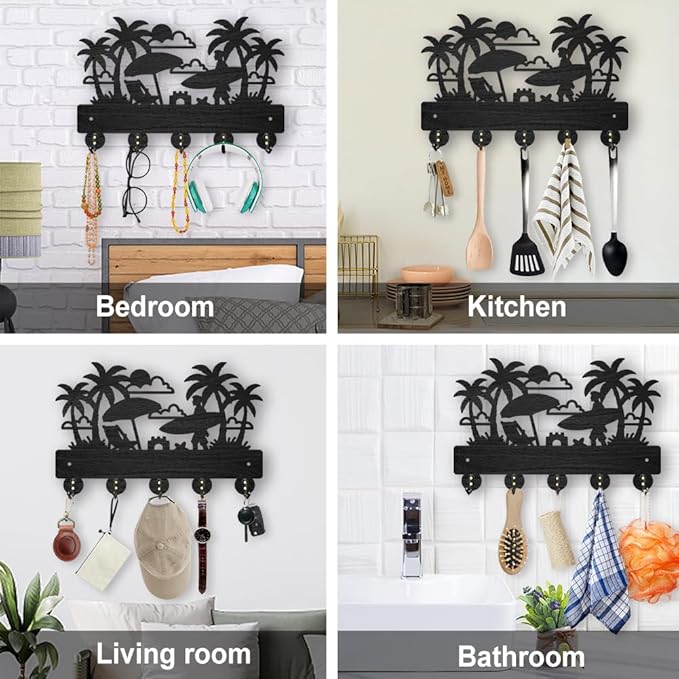 MAYJOYDIY Beach Coat Hooks Wall Mount Summer Coconut Tree Wood Key Holder for Wall 11.8×7.9inch Black Wall Art Decor Key Hooks 5 Alloy Hooks for Gift Entryway Living Room Kitchen Office