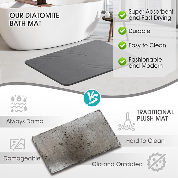 Stone Bath Mat Diatomaceous Earth Shower Mat Non-Slip Super Absorbent Diatomite Stone Mats for Bathroom Floor/Ktichen Cuonter Quick-Drying Easy to Clean (24''*16'' Grey-Feather)