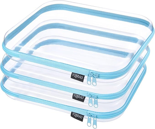 YQBRAO 3-Pack Large Clear Hard Shell Zipper Case, 1.2mm Rigid Toy & Cosmetic Bags, Heavy-Duty Diaper Bag Pouch Set with YKK Zippers, Waterproof Travel & Makeup Storage (Blue)