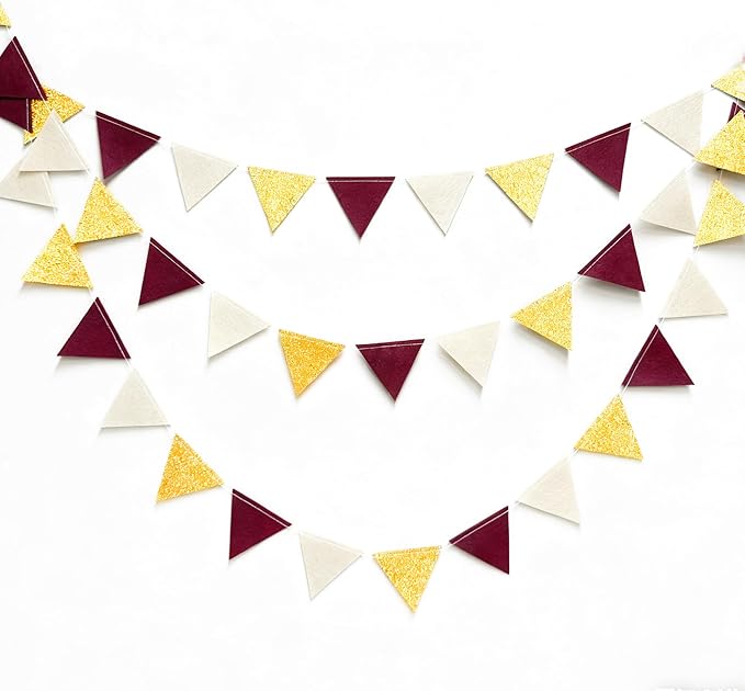 Maroon Gold Party Decorations Burgundy Beige Gold Glitter Felt Hanging Triangle Mini Bunting Pennant Banner Flag for Birthday Graduation Wedding Baby Shower Anniversary Party Nursery Classroom Decor