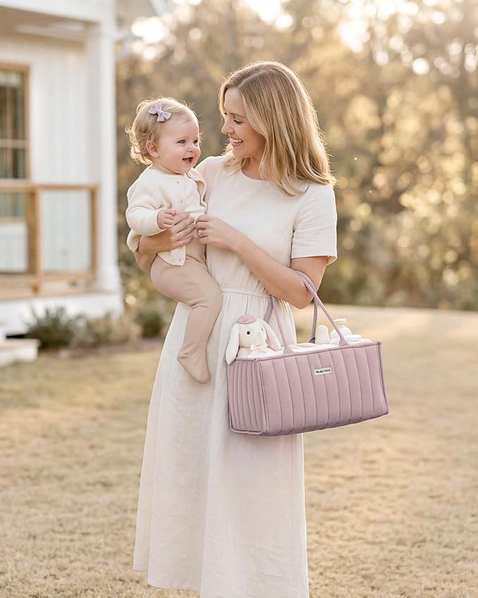 Blissful Diary Baby Diaper Caddy Organizer, Stylish Storage Basket for Newborn Essentials and Diaper Station, Gift for Baby Shower and Registry Must-Have, Mauve Pink | Stylish Storage Basket