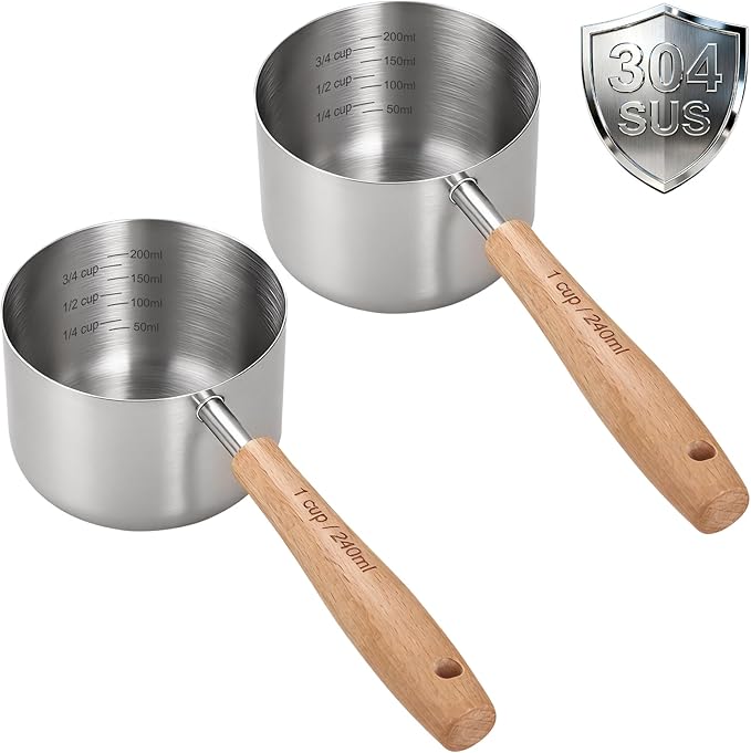 TREMENDRY 2PCS 1Cup(240ml | 8oz) Dog Cat Food Scoop, 18/8(304) Stainless Steel Measuring Cup with Wooden Handle, Etched Measurements Inside, BPA Free Portion Control for Pets & Kitchen Use