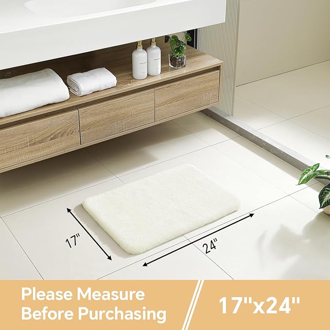 Cream Bathroom Rugs 17"x24" - High-Density Microfiber Bath Mat, Fluffy Non Slip Absorbent and Washable Bathroom Mat - Ideal for Small Spaces, Vanity, Toilet, or Pet Mat