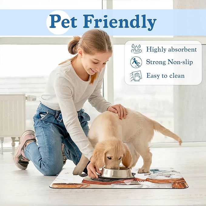Chirstmas Dog Coffee Dog Cat Food Mat–Absorbent Waterproof Placemat for Food and Water Bowls, Non Slip Rubber Backing, Feeding Mat for Clean Floors 12"x20"
