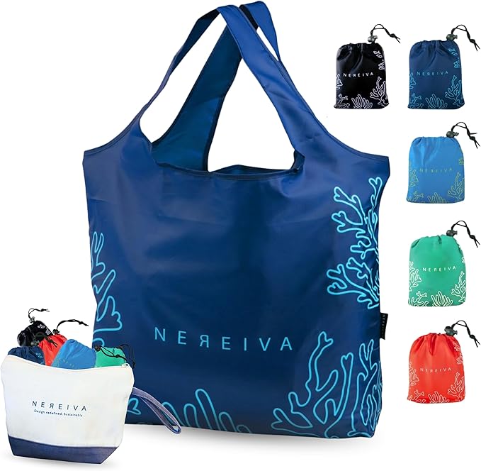 5 Pack Foldable Grocery Bags into Tiny Pouch - Large Capacity Multi-Color, Great for Travel, Durable, Washable Packable Shopping Bag, Comes with a carry pouch, Lightweight