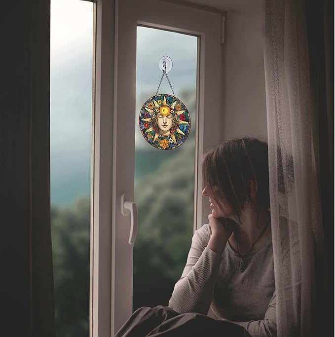 Sun Suncatcher 8 Inch Stained Glass Window Hanging Diamond Chain Hooks – Indoor/Outdoor Window Wall Art Home Décor -Gift for Women Men Valentine's Day Thanksgiving Ornaments Festival Gifts