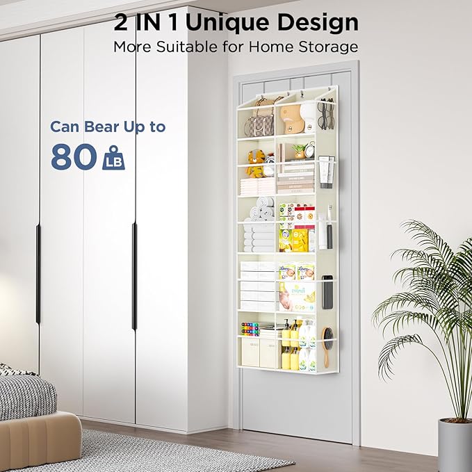 PureSpace 5-Tier Over The Door Organizer with 10 Side Mesh Pockets & Clear Windows, 80 lb Weight Capacity Hanging Storage for Bathroom, Bedroom, Nursery, Kitchen, Organize Toys (Clear Beige)
