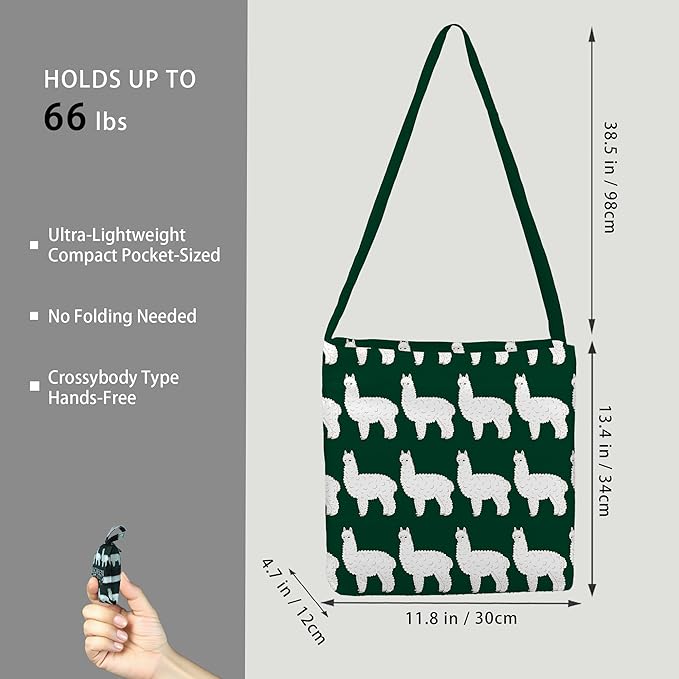 BeeGreen Alpaca Ultimate Crossbody Tote Bag - Reusable Grocery Shopping Bag - Foldable Compact Portable Machine Washable