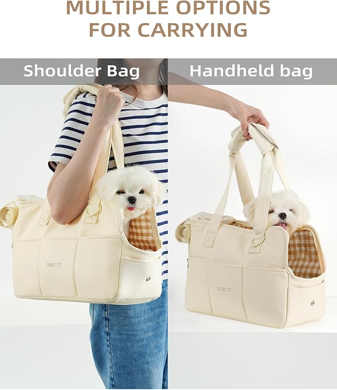 ONECUTE Dog Carrier for Small Dogs Rabbit cat with Large Pockets, Cotton Bag, Dog Carrier Soft Sided, Collapsible Travel Puppy Carrier (Beige, 17" L x 7.5" W x 12" H)