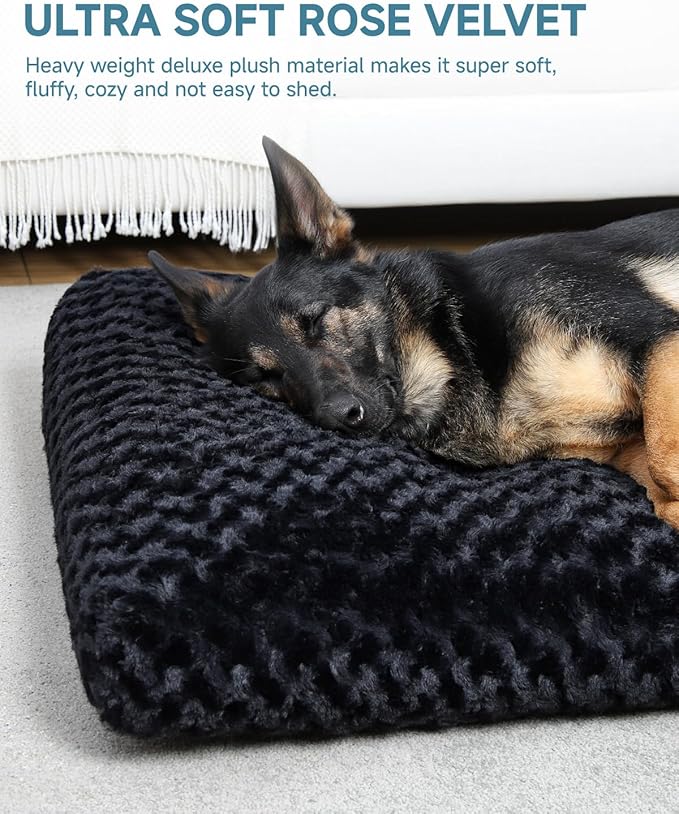 KSIIA Washable Dog Bed Anti-Slip Dog Crate Beds Deluxe Plush Kennel Pad Comfy Pet Sleeping Mat for Large Dogs, 35" x 23", Black
