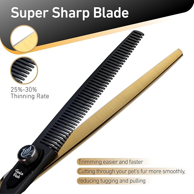 Fenice Peak 7'' Black Dog Grooming Scissors Goldern Thinning Dog Blending Scissors with Ergonomic Offest Handle and Pattern Screw Pet Grooming Thinner Blender Shears Durable and Sharp 440C