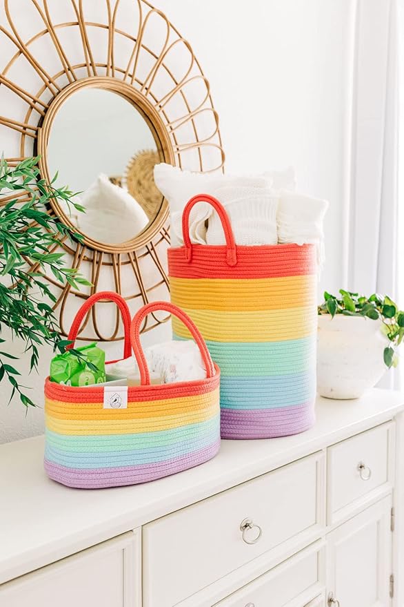 OrganiHaus Rainbow Nursery Storage Basket, Cotton Rope Toy & Diaper Caddy Organizer with Handles, Baby Diaper Organizer, Foldable Design, Machine Washable, Ideal for Baby Room & Laundry