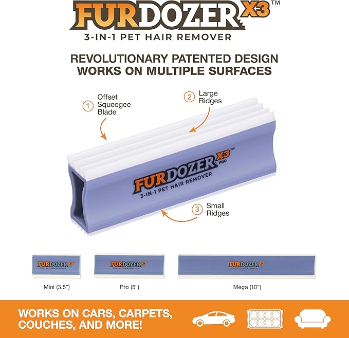 FurDozer Pet Hair Remover & Auto Detailing Tools - Cat & Dog Hair Remover for Carpets, Car Interiors, Couches, Bedding, & Pet Furniture (Purple, X3 PRO - 5" Long)