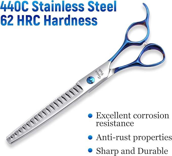 Fenice Peak Grooming Scissors for Dogs 7 inch Chunker Pet Grooming Scissors Ergonomically Designed Blue Handles Ideal Dog Shears for Precise Trimming Easy Use.
