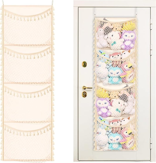 Over The Door Stuffed Animal Storage, Cotton Toy Organizer for Storage Plush Toys,Baby Supplies, Stuffed Animal Holder with 4 Large Pockets, Hanging Door Organizer for Nursery, Bedroom (Tassel)