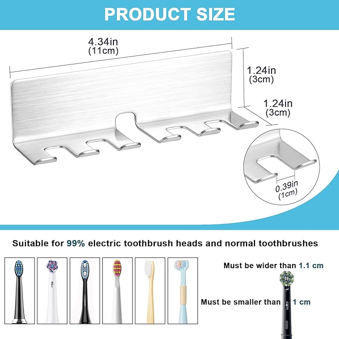Toothbrush Holder Wall Mounted, Electric Toothbrush Head Holder for Bathrooms, Adhesive Toothbrush Head Holder, Stainless Steel Toothbrush Wall Holder, Shower Tooth Brushing Holder
