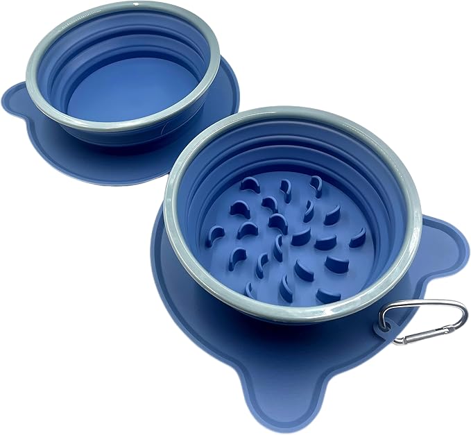 Collapsible Dog Bowls, 2-in-1 Silicone Pet Food and Water Bowl with Carabiner - Portable Double Compartment Travel Dish for Dogs, Ideal for Camping, Hiking, Car Rides, Puppy Essentials (Blue)