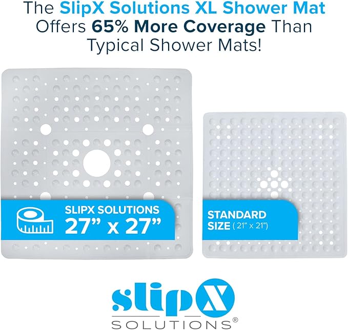 SlipX Solutions 27" Oversize Square Shower Mat, Non-Slip Mat for Elderly & Kids, 100+ Power Grip Suction Cups for Smooth Surfaces, Machine Washable, White