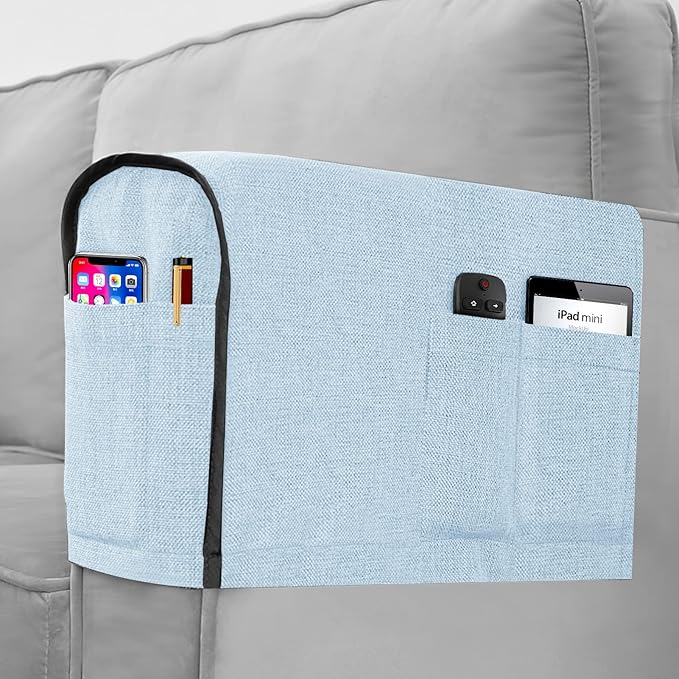 Joywell Linen Armrest Covers for Living Room Anti-Slip Sofa Arm Protector for Dogs, Cats, Pets Armchair Slipcover for Recliner with 4 Pockets for TV Remote Control, Phone, Set of 2, Powder Blue