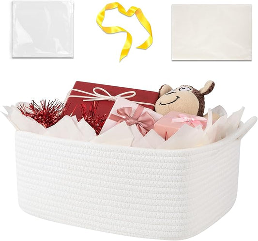 OIASKET Basket for Gifts Empty, Woven Storage Basket with Gift Bag, Ribbon and Wrap Tissue Paper, Small Rope Toy Storage with Handles for Baby Shower, Dog Toy Organizer, 13.6" x 10" x 5.9”
