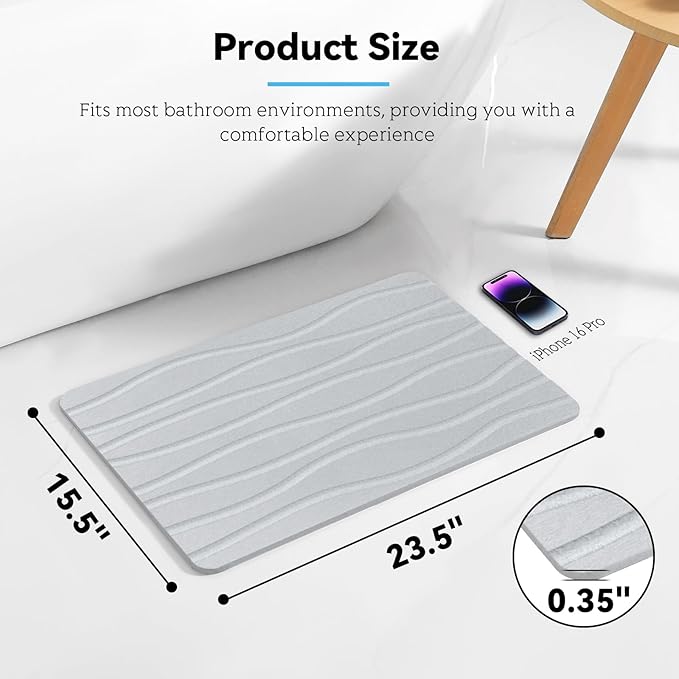 Bath Stone Mat, Fast-Absorbing, Quick-Dry, and Non-Slip Bathroom Mat, Inspired Diatomaceous Earth Bath Mat, Carbon Gray-River