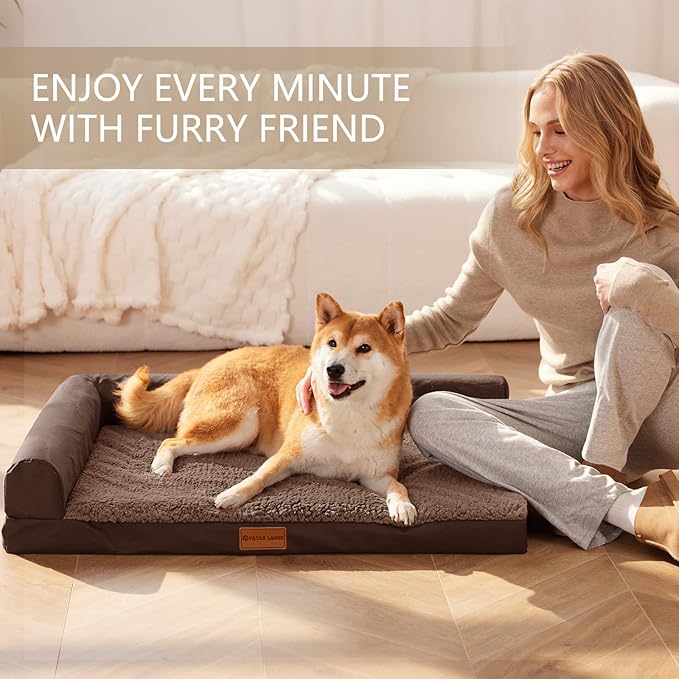 Patas Lague Orthopedic Dog Bed Medium Size Dog 30''X20'', Waterproof L Bolster Medium Pet Sofa Beds with Removable Washable Cover, Soft Pet Couch Crate Mat with Nonskid Bottom, Brown