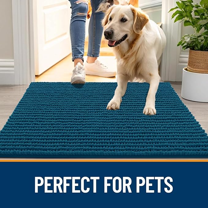 OLANLY Dog Door Mat for Muddy Paws 34x21, Ultra Absorbent Chenille Mud Doormat, Non-Slip Washable and Dirt Trapping Doormat for Indoor Entryway, Quick-Dry Indoor Pet Bed Mats for Dogs, Atlantic Blue