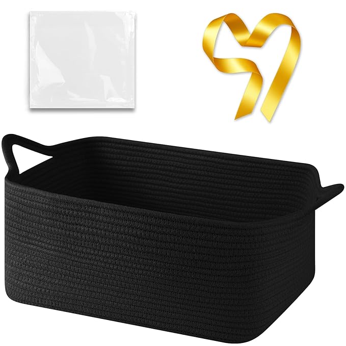 Large Empty Gift Baskets for Baby Shower, 16.5"L x 12.6"W x 7"H Cute Woven Storage Basket with Gift Bags and Ribbons, Small Rope Toy Basket with Handles, Cat Dog Pet Toy Organizer - Black