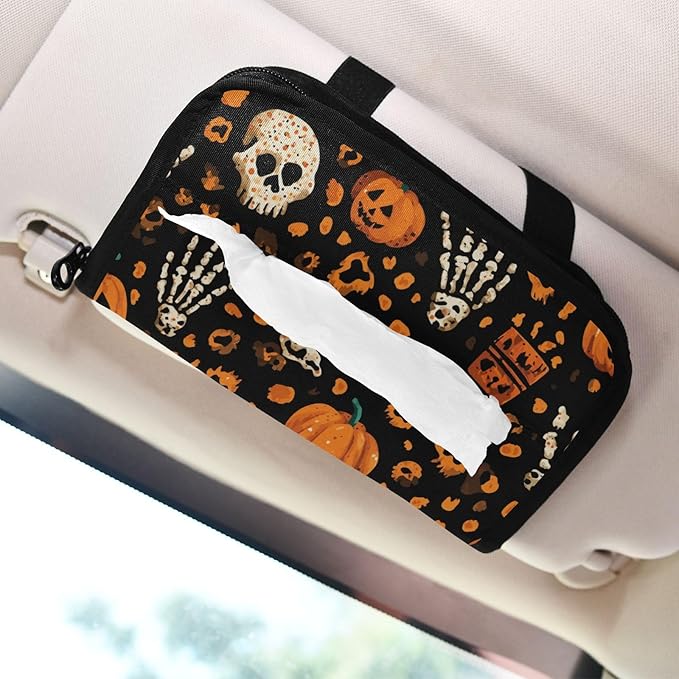 Car Tissue Holder Car Napkin Holder Car Tissue Box Dispenser Storage Case Sun Visor Mask Holder with Adjustable Straps Reusable Refillable Halloween Leopard Pumpkin Skull Brown