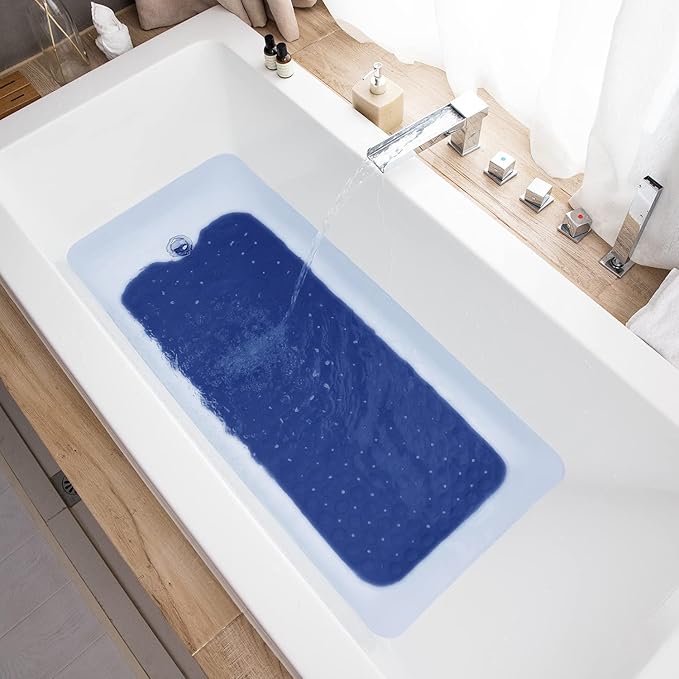 Bath Tub and Shower Mats, Non-Slip 39 x 16 Inch Extra Long Bathtub Mat, Machine Washable BathMat with Drain Holes, Suction Cups for Bathroom (Opaque Navy Blue)