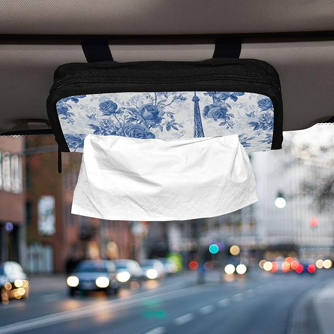 Car Tissue Holder Car Napkin Holder Car Tissue Box Dispenser Storage Case Sun Visor Mask Holder with Adjustable Straps Reusable Refillable Blue Roses and Eiffel Tower