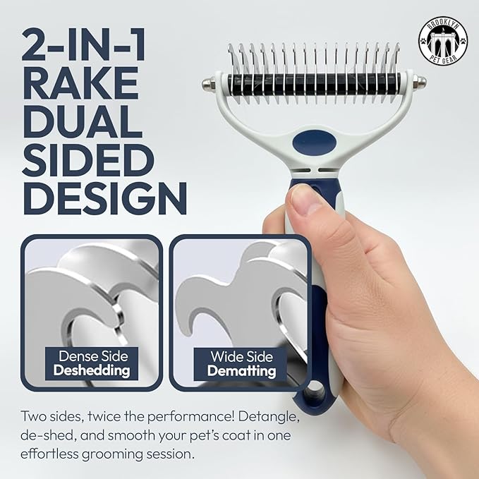 BPG Pet Grooming Tools for Dogs & Cats- 2 in 1 Dual Sided Undercoat Rake For Dogs Heavy-Duty Non Slip Grip Deshedding Comb Skin Safe With Ergonomic Handle To Reduce Shedding- Brooklyn Pet Gear