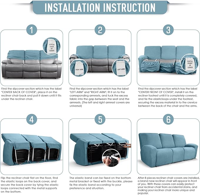 TAOCOCO Recliner Sofa Covers 8-Pieces Stretch Large Couch Covers for 3 Seats Reclining Slipcovers Soft Jacquard Pattern Furniture Protector (Dusty Blue)