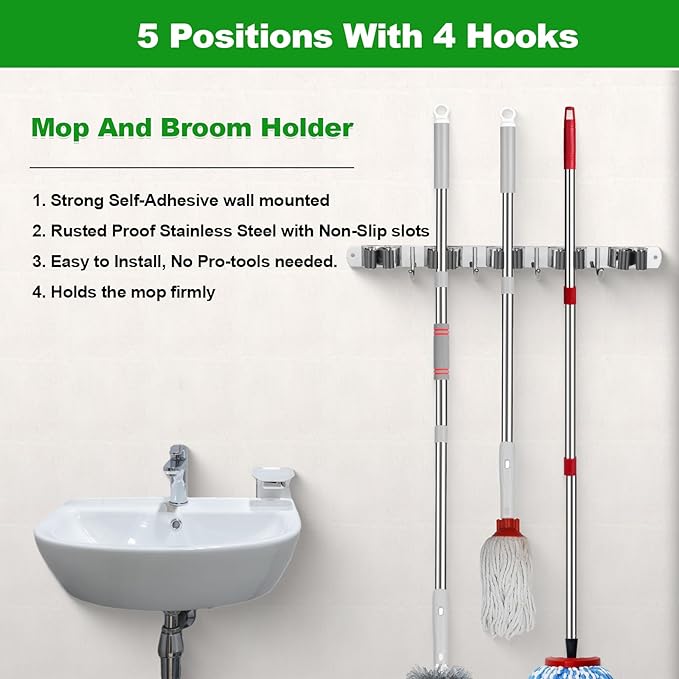 voze 5 Racks and 4 Hooks Mop and Broom Holder Wall Mount, Self Adhesive Heavy Duty Broom Hanger Organizer Storage Tool Racks for Kitchen Garden Laundry Garage
