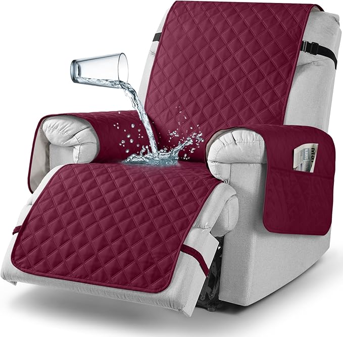TAOCOCO 100% Waterproof Recliner Chair Cover Non-Slip Reclining Cover for Recliner Chair Washable Chair Seat Cover with Elastic Straps for Pets Sofa Slipcover with Pocket (Oversized 28'', Wine)