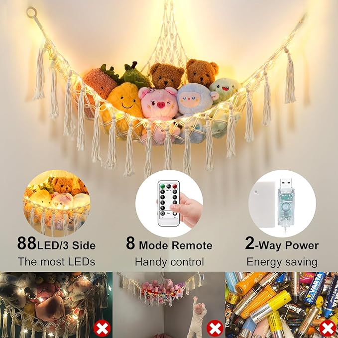 Stuffed Animal Hammock with 88LEDs, 63in Extra Large Toy Storage Macrame Hammock, Hanging Toy Net for Kids Bedroom Doll Room Corner Organizer, USB Plush Toys Net with Remote(Beige, XXL)