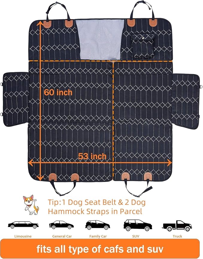 Dog Car Seat Cover for Back Seat, Dog Hammock for Car Seat Protector with Mesh Window Waterproof Nonslip Cars Trucks and SUV 53” W x 60” L
