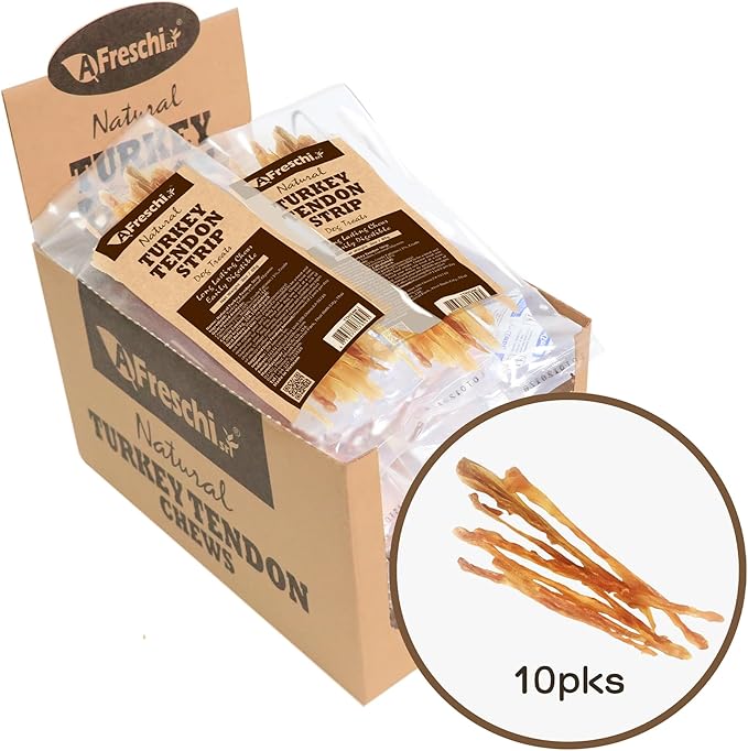 AFreschi Turkey Tendons for Dogs, USA-Sourced, Healthy Dog Treats, Rawhide-Free Puppy Chews, Long Lasting, All Natural, Hypoallergenic Dog Treats for Small Breeds, 10 Pack Box Strips