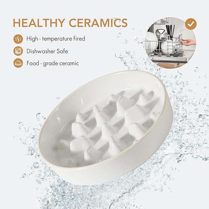 Ceramic 1.6 Cup Raised Slow Feeder Dog Bowl Set, Elevated Acacia Wood Stand for Medium and Large Dogs, 8.2inch Slow Pet Dish for Fast Eaters(1 Bowl & Stand,Reactived Glaze -White)
