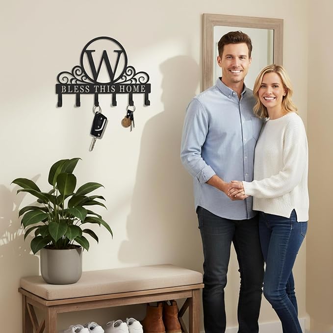 Metal Letter W Key Holder for Wall, Decorative Metal Key Holder Wall Mount, Key Hooks Coat Rack Monogram Wall Decor, Perfect for Bathroom, Living Room, Kitchen, Anniversary Housewarming Gift