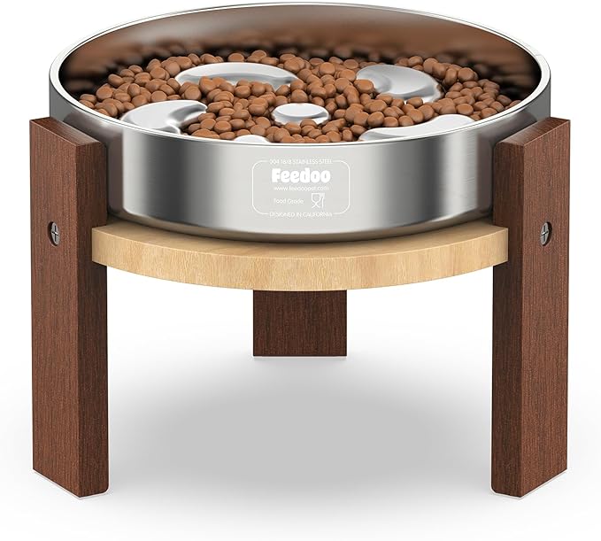 Feedoo Elevated Dog Bowl Stand, 6 Inch Height Raised Stand for Medium&Small Dogs, Includes 2Cups Stainless Steel Slow Feeder Dog Bowl, Durable Solid Hardwood