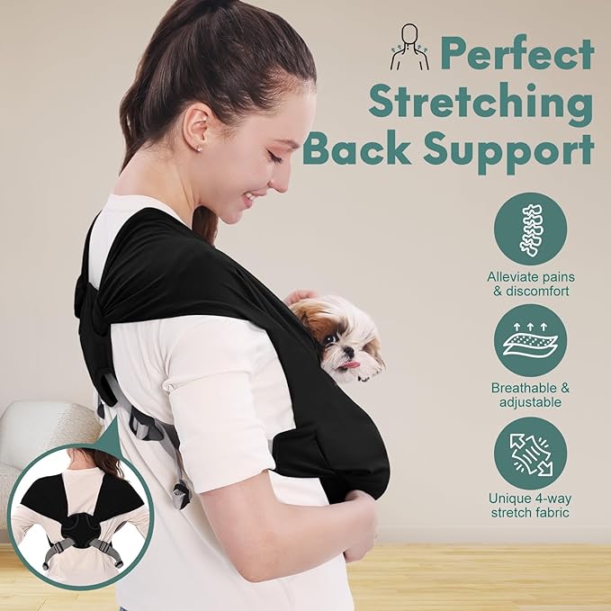 Supet Dog Sling Carrier for Small Pets, Hands Free Cat Sling, Reducing Back Neck Pain Anti-Anxiety Puppy Front, Adjustable Soft Dog Carrying (Black-2, Plus 7-15 Lbs)