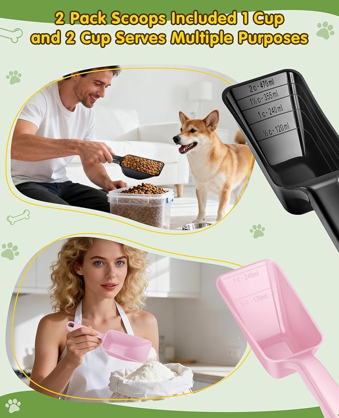 GNEOCO 2 Pack Dog Food Scoop with 1 Cup and 2 Cup Capacity, Plastic Pet Food Measuring Scoops with Clear Measurement Lines for Dogs, Cats & More,Dishwasher safe (Pink and Black)